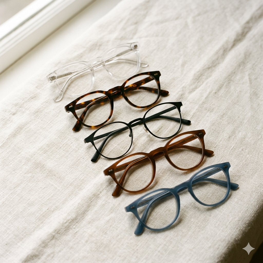 Five eyeglass frames arranged on a linen surface