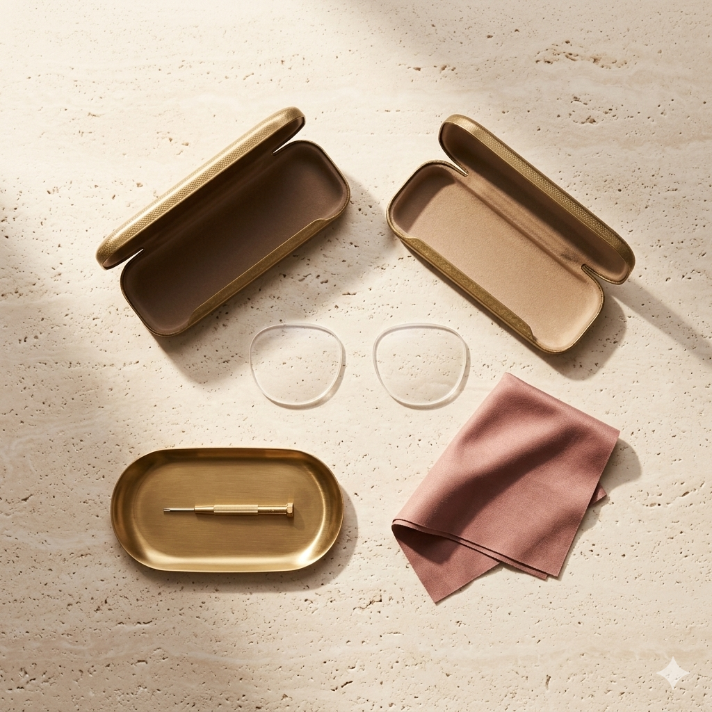 Flatlay of clear prescription lenses, brass eyeglass cases, a dusty rose cleaning cloth and a small screwdriver