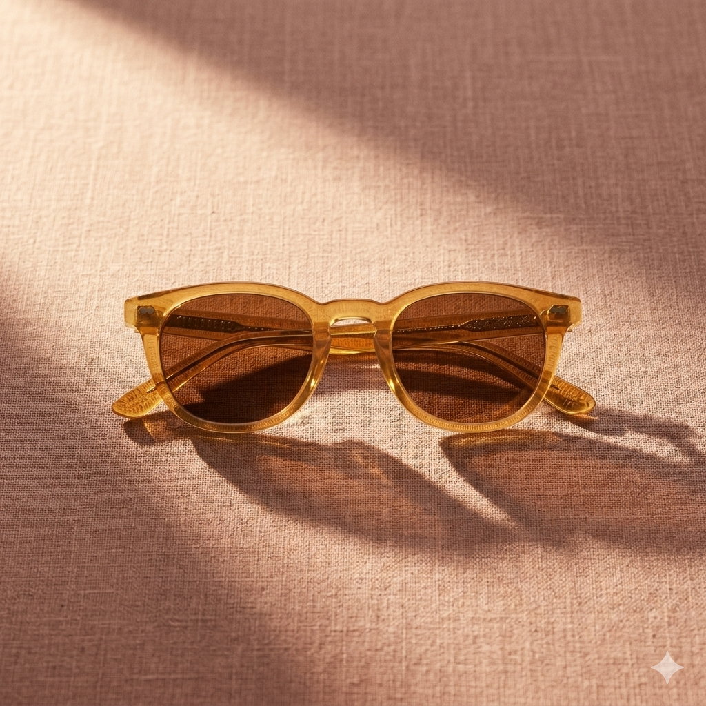 Honey-amber acetate sunglasses on a dusty rose linen surface