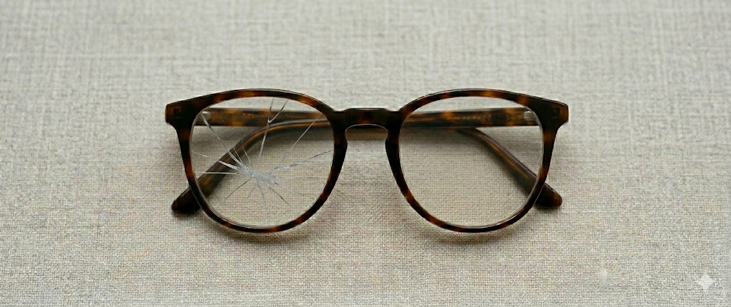 Eyeglasses with a cracked lens — before reglazing